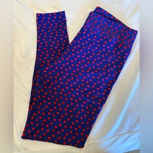 Lularoe Tall and Curvy Leggings, Blue with Red Polka Dot